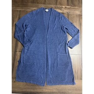 J Jill Open Front Linen Blend Long Duster Cardigan Blue Size L Pockets Coastal